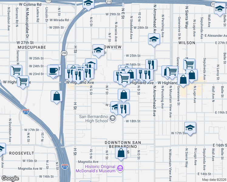 map of restaurants, bars, coffee shops, grocery stores, and more near 559 West Highland Avenue in San Bernardino