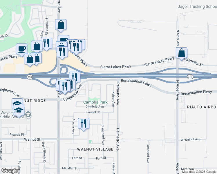 map of restaurants, bars, coffee shops, grocery stores, and more near 17210 Coronado Avenue in Fontana