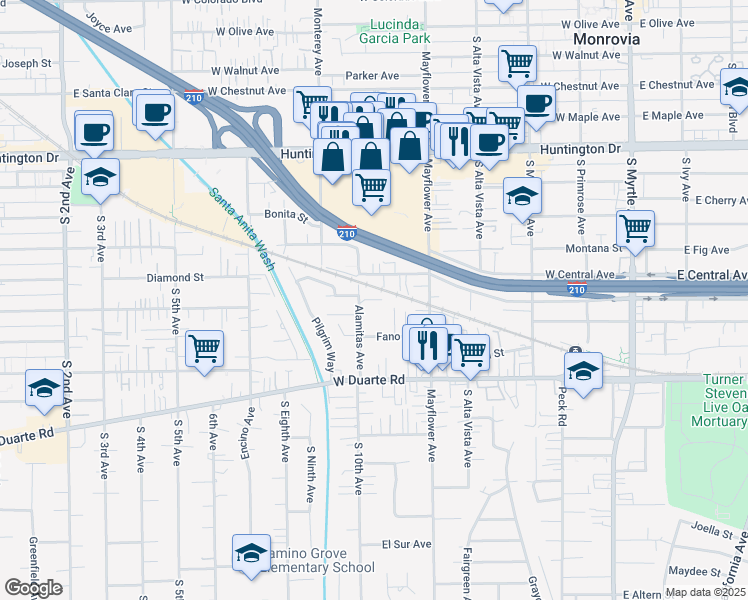 map of restaurants, bars, coffee shops, grocery stores, and more near 1516 Alamitas Avenue in Monrovia