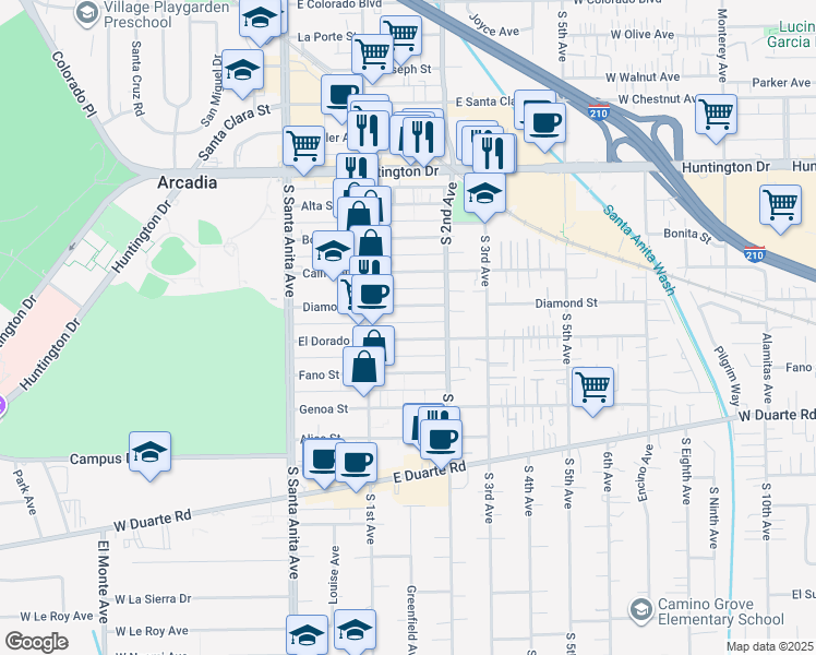map of restaurants, bars, coffee shops, grocery stores, and more near 154 Diamond Street in Arcadia