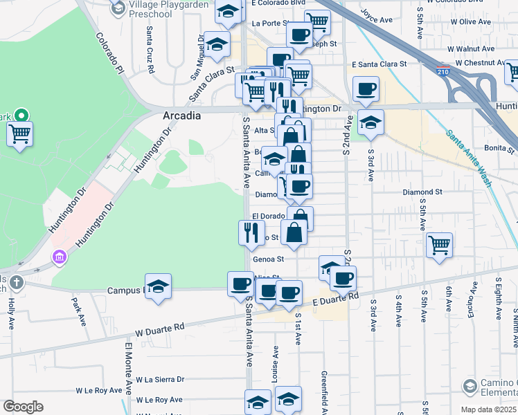 map of restaurants, bars, coffee shops, grocery stores, and more near 18 Diamond Street in Arcadia