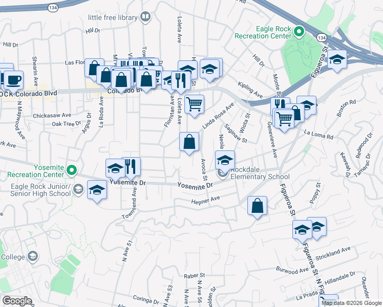 map of restaurants, bars, coffee shops, grocery stores, and more near 4890 Hartwick Street in Los Angeles