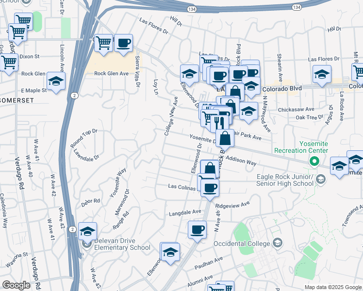 map of restaurants, bars, coffee shops, grocery stores, and more near 2361 Addison Way in Los Angeles