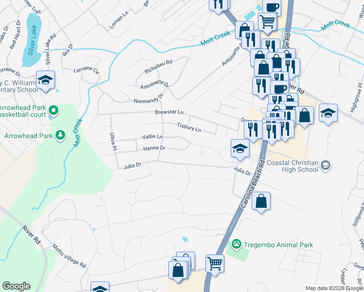 map of restaurants, bars, coffee shops, grocery stores, and more near 522 Vallie Lane in Wilmington