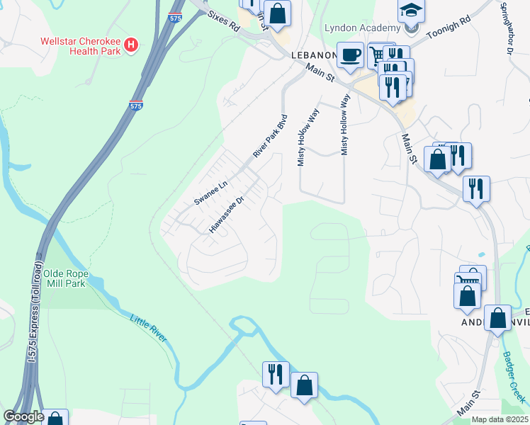 map of restaurants, bars, coffee shops, grocery stores, and more near 619 Georgia Way in Woodstock
