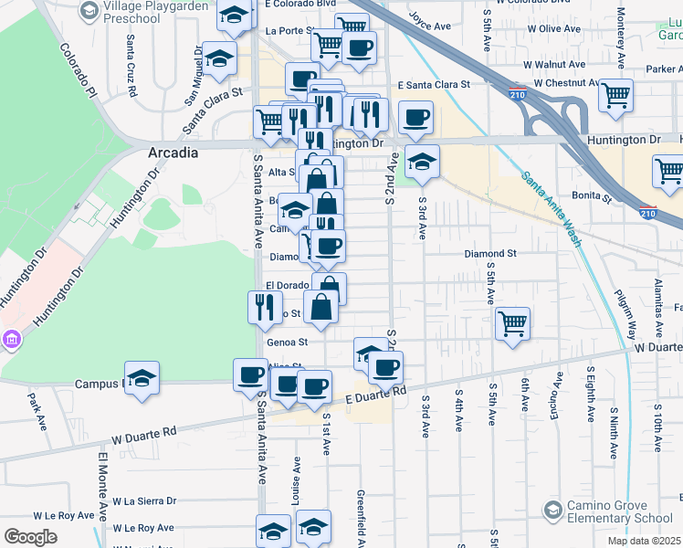 map of restaurants, bars, coffee shops, grocery stores, and more near 119 El Dorado Street in Arcadia