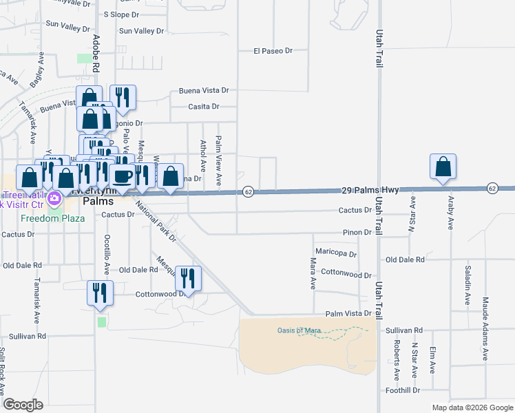 map of restaurants, bars, coffee shops, grocery stores, and more near 74144 Cactus Drive in Twentynine Palms