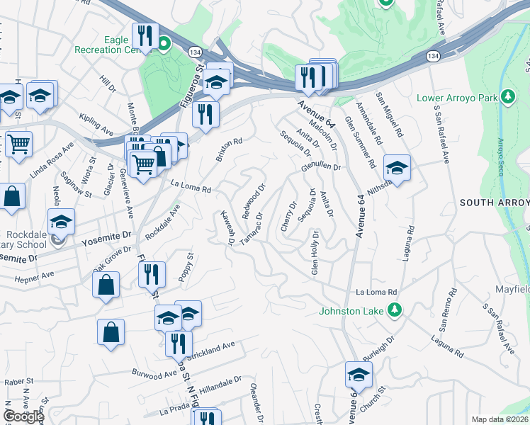 map of restaurants, bars, coffee shops, grocery stores, and more near 380 Tamarac Drive in Pasadena