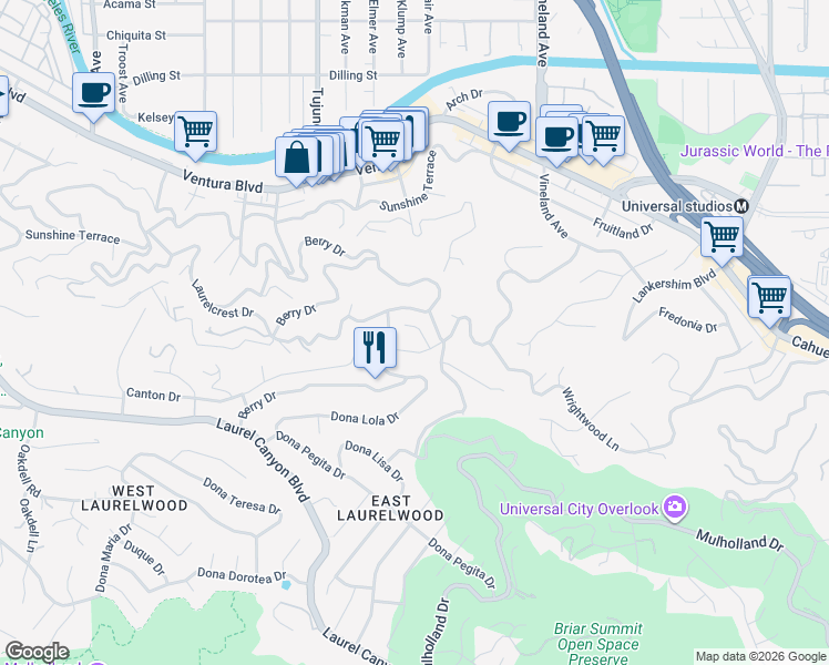 map of restaurants, bars, coffee shops, grocery stores, and more near 3433 Wrightview Drive in Los Angeles