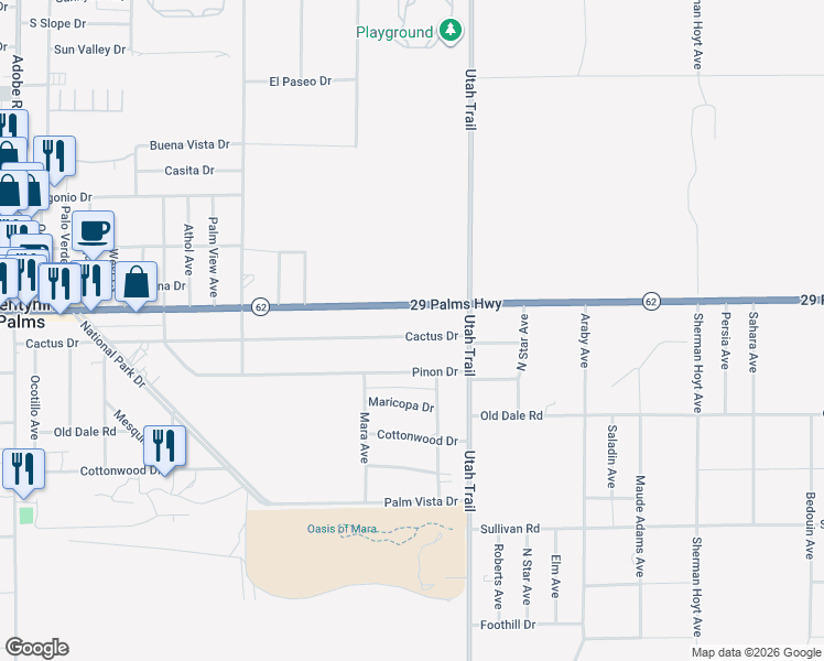 map of restaurants, bars, coffee shops, grocery stores, and more near 2 Cactus Drive in Twentynine Palms