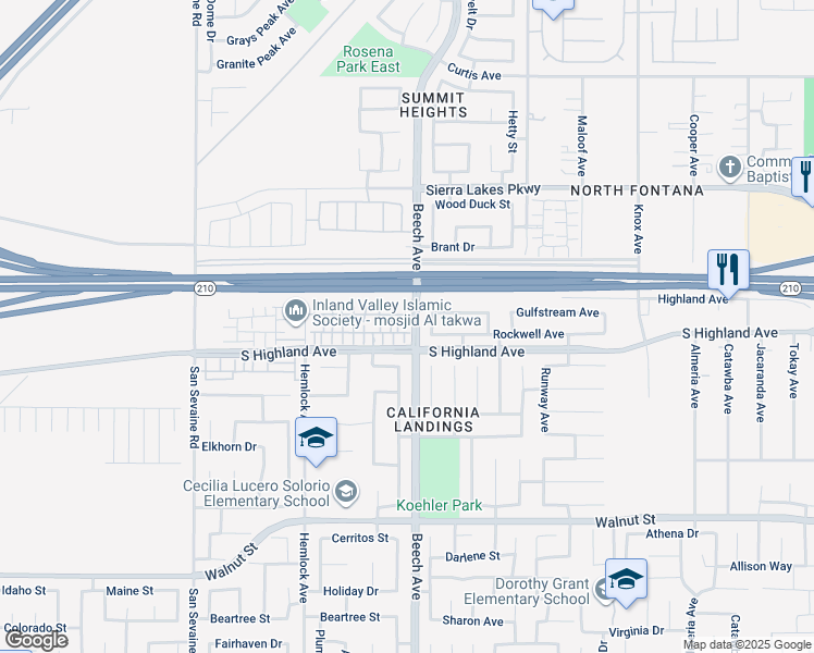 map of restaurants, bars, coffee shops, grocery stores, and more near 15279 Horizon Street in Fontana