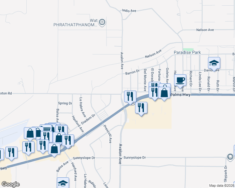map of restaurants, bars, coffee shops, grocery stores, and more near 58400 Paxton Road in Yucca Valley