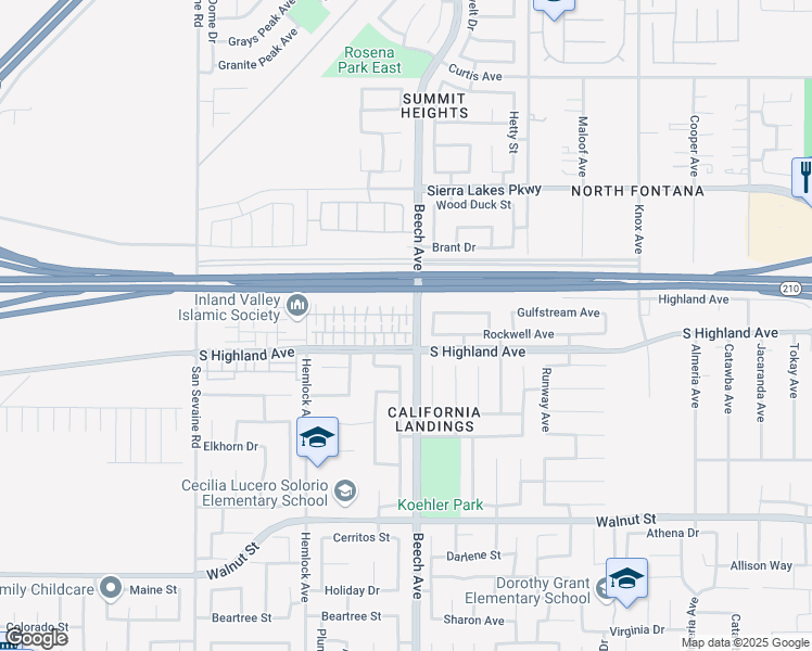 map of restaurants, bars, coffee shops, grocery stores, and more near 15279 Horizon Street in Fontana