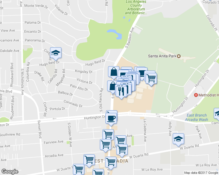 map of restaurants, bars, coffee shops, grocery stores, and more near 433 South Baldwin Avenue in Arcadia