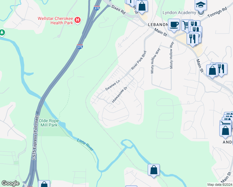 map of restaurants, bars, coffee shops, grocery stores, and more near 246 Hiawassee Drive in Woodstock
