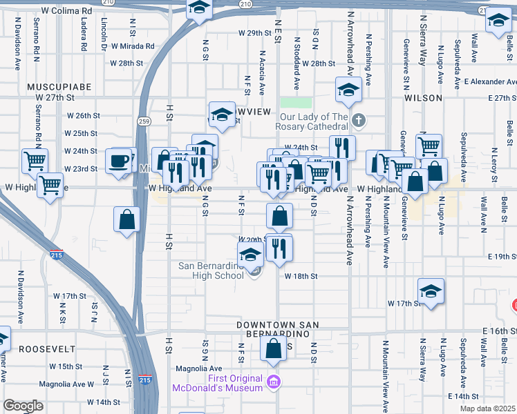 map of restaurants, bars, coffee shops, grocery stores, and more near 559 West Highland Avenue in San Bernardino