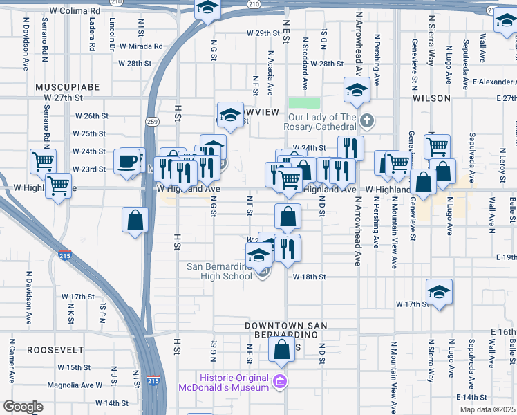 map of restaurants, bars, coffee shops, grocery stores, and more near 580 West 21st Street in San Bernardino