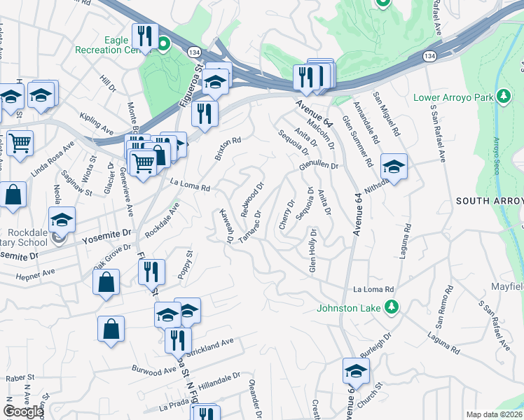 map of restaurants, bars, coffee shops, grocery stores, and more near 361 Tamarac Drive in Pasadena