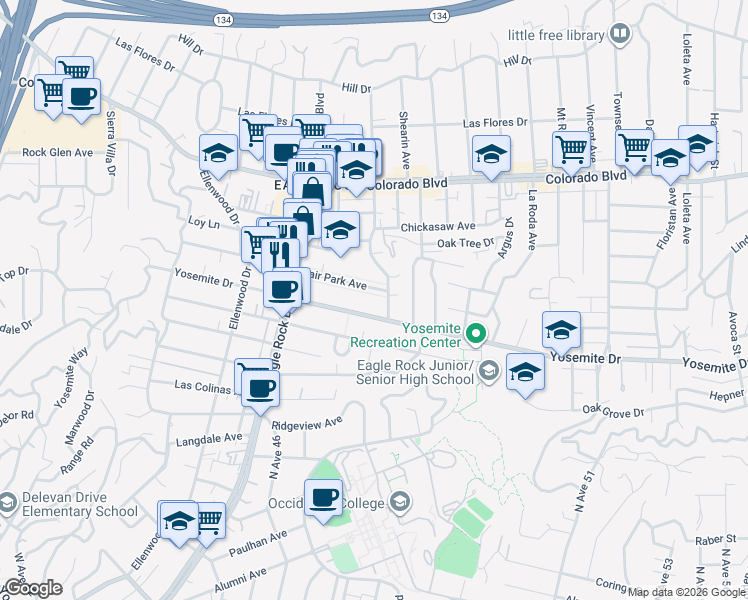 map of restaurants, bars, coffee shops, grocery stores, and more near 2020 Fair Park Avenue in Los Angeles