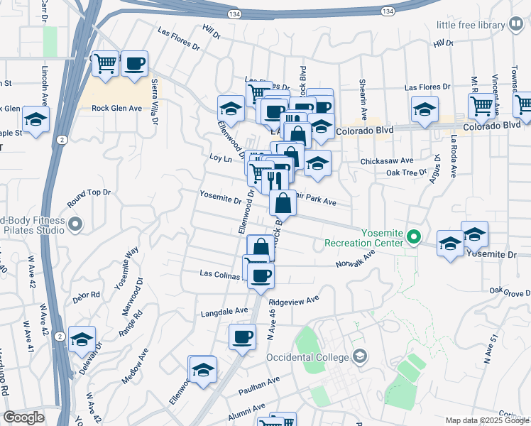 map of restaurants, bars, coffee shops, grocery stores, and more near Strata Lane in Los Angeles