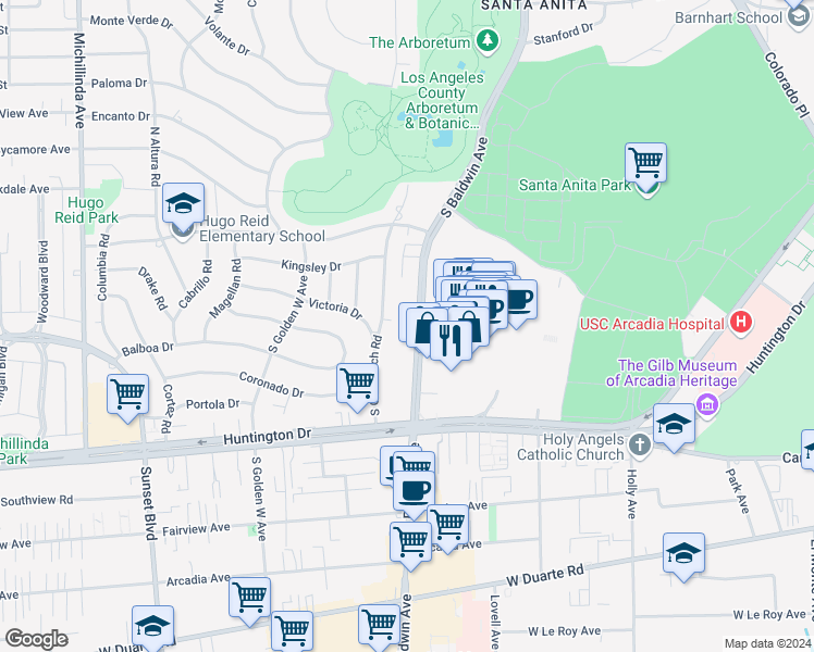 map of restaurants, bars, coffee shops, grocery stores, and more near 433 South Baldwin Avenue in Arcadia