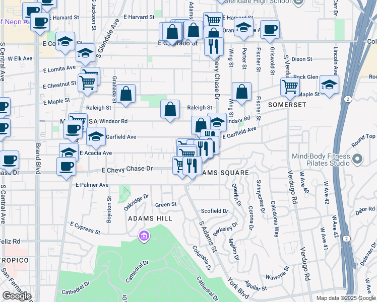 map of restaurants, bars, coffee shops, grocery stores, and more near 925 South Adams Street in Glendale