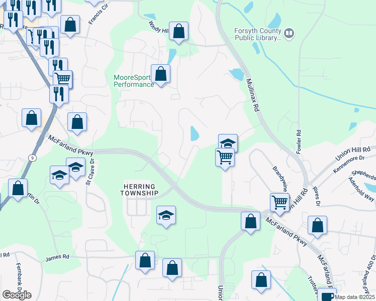map of restaurants, bars, coffee shops, grocery stores, and more near 415 Weatherstone Place in Alpharetta
