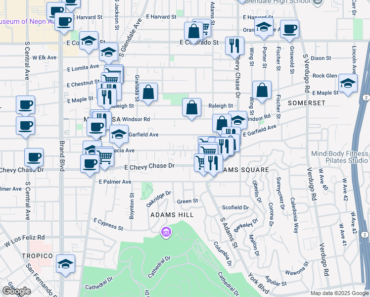 map of restaurants, bars, coffee shops, grocery stores, and more near 829 East Acacia Avenue in Glendale
