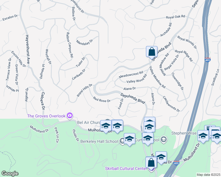 map of restaurants, bars, coffee shops, grocery stores, and more near 16141 Bayberry Place in Los Angeles