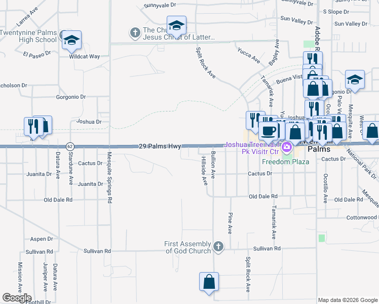 map of restaurants, bars, coffee shops, grocery stores, and more near 73193 29 Palms Highway in Twentynine Palms