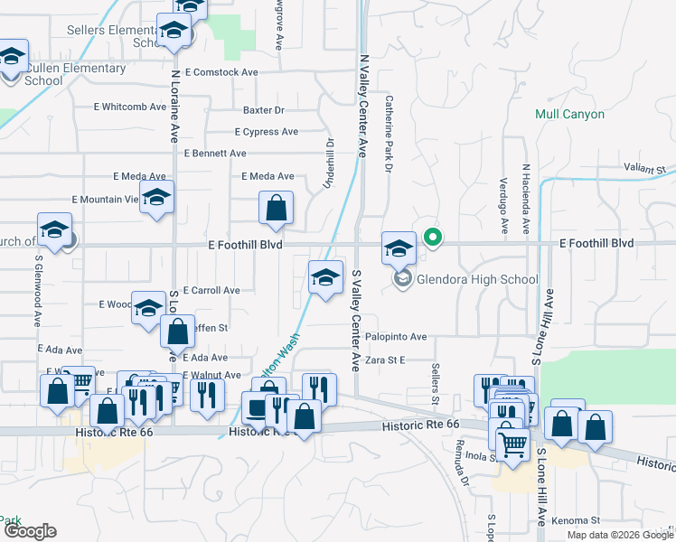 map of restaurants, bars, coffee shops, grocery stores, and more near 132 Oak Forest Circle in Glendora