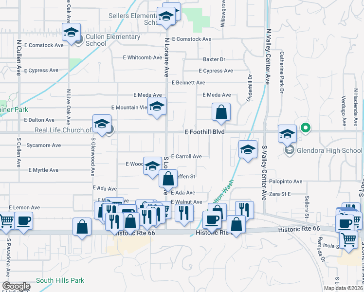 map of restaurants, bars, coffee shops, grocery stores, and more near 132 South Worthy Drive in Glendora