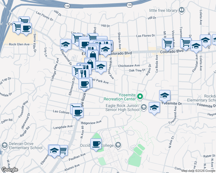 map of restaurants, bars, coffee shops, grocery stores, and more near 2026 Fair Park Avenue in Los Angeles