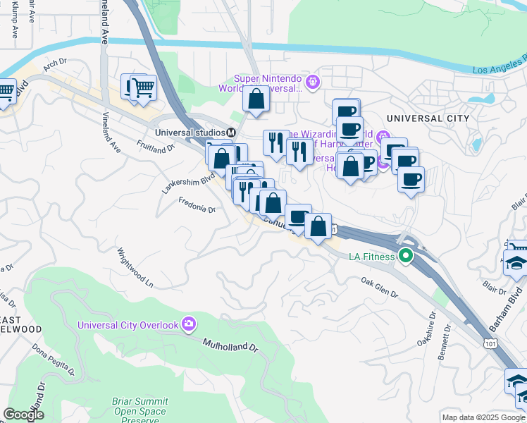 map of restaurants, bars, coffee shops, grocery stores, and more near 3640 Cahuenga Boulevard West in Los Angeles