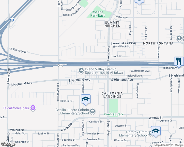 map of restaurants, bars, coffee shops, grocery stores, and more near 15167 Horizon Street in Fontana