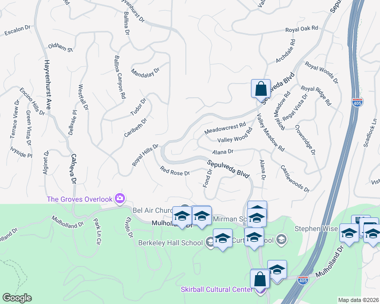 map of restaurants, bars, coffee shops, grocery stores, and more near 16141 Bayberry Place in Los Angeles