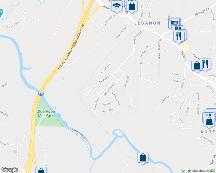 map of restaurants, bars, coffee shops, grocery stores, and more near 248 Hiawassee Drive in Woodstock