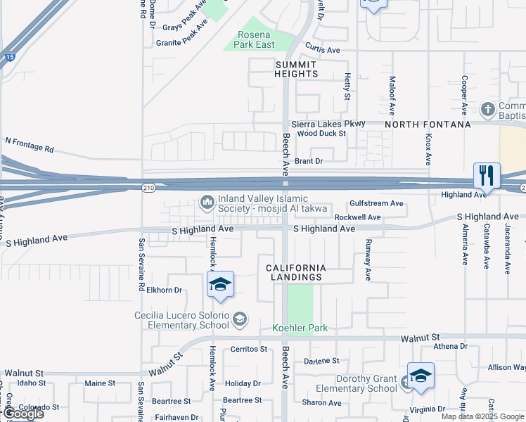 map of restaurants, bars, coffee shops, grocery stores, and more near in Fontana