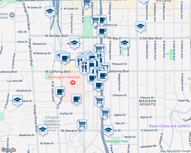 map of restaurants, bars, coffee shops, grocery stores, and more near 60 East California Boulevard in Pasadena