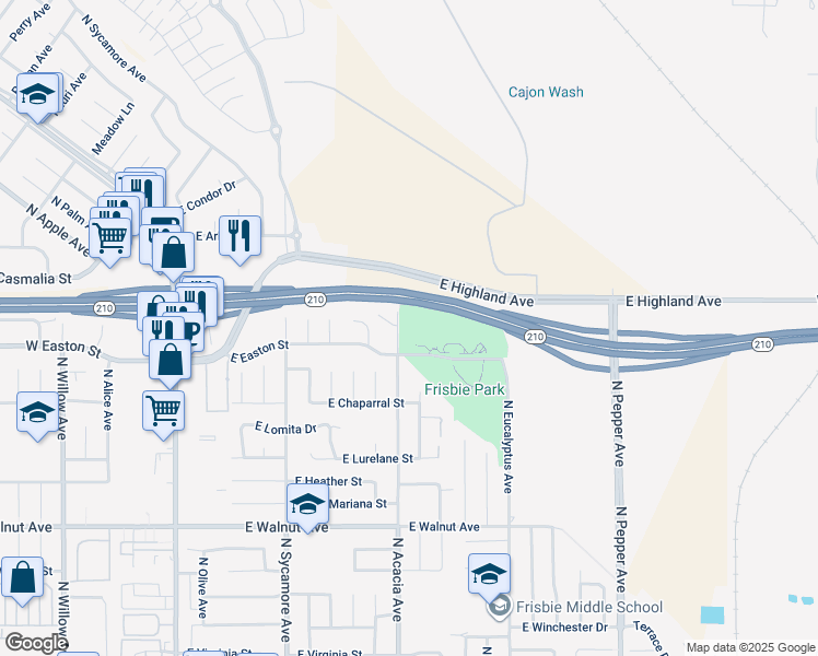 map of restaurants, bars, coffee shops, grocery stores, and more near 1901 North Acacia Avenue in Rialto