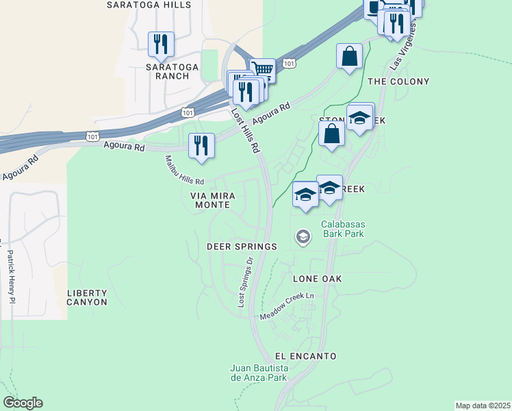 map of restaurants, bars, coffee shops, grocery stores, and more near 4139 Lost Springs Drive in Calabasas
