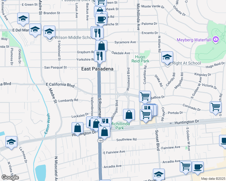 map of restaurants, bars, coffee shops, grocery stores, and more near 649 Michigan Boulevard in Pasadena