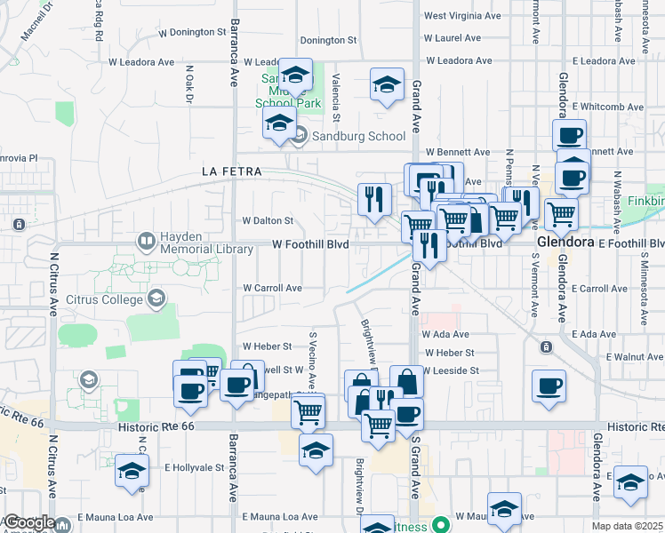 map of restaurants, bars, coffee shops, grocery stores, and more near 630 West Foothill Boulevard in Glendora