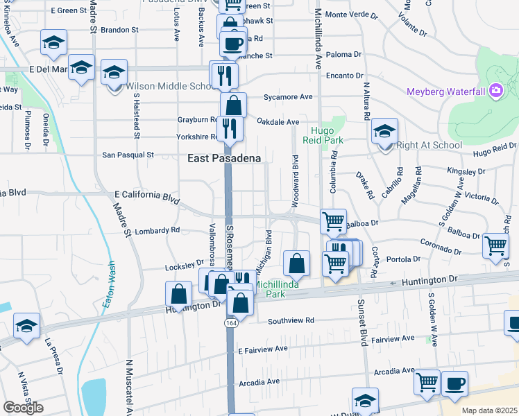 map of restaurants, bars, coffee shops, grocery stores, and more near 649 Michigan Boulevard in Pasadena
