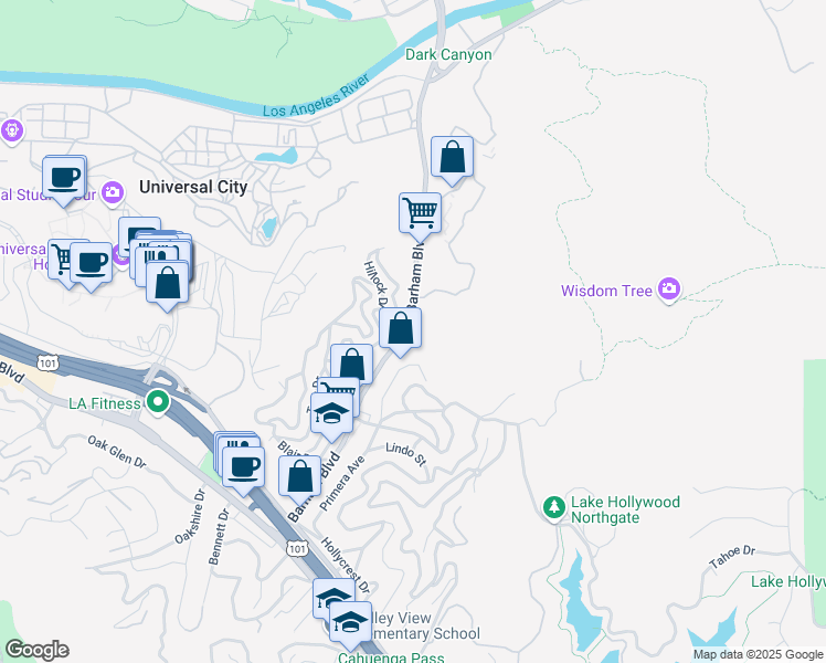 map of restaurants, bars, coffee shops, grocery stores, and more near 3480 Barham Boulevard in Los Angeles