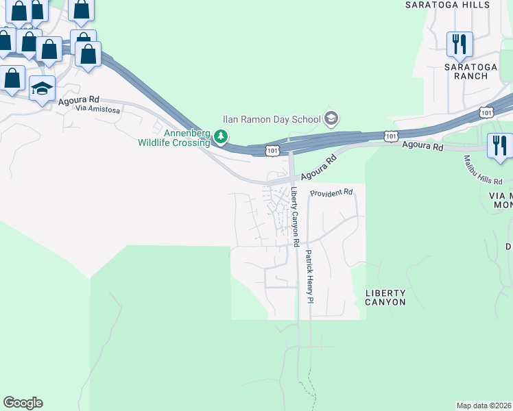 map of restaurants, bars, coffee shops, grocery stores, and more near 4084 Yankee Drive in Agoura Hills