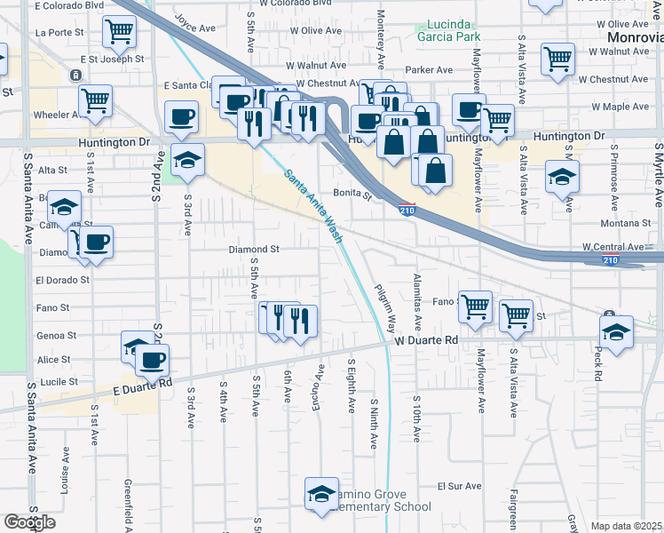 map of restaurants, bars, coffee shops, grocery stores, and more near 1508 Encino Avenue in Monrovia