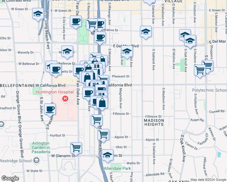 map of restaurants, bars, coffee shops, grocery stores, and more near 591 South Marengo Avenue in Pasadena