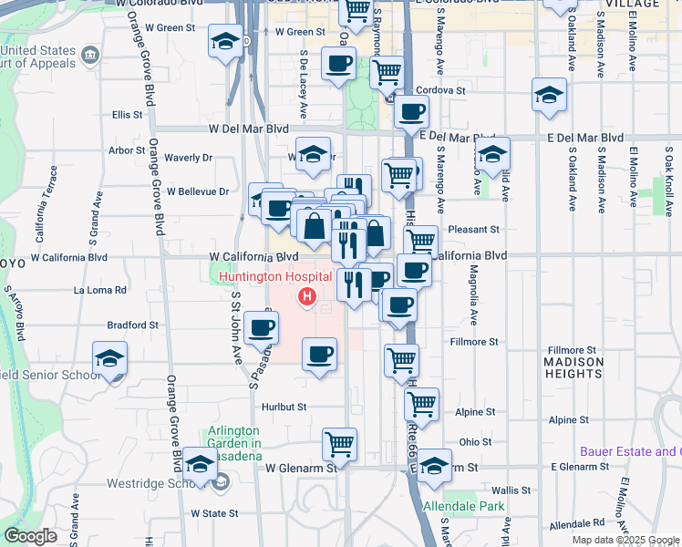 map of restaurants, bars, coffee shops, grocery stores, and more near in Pasadena