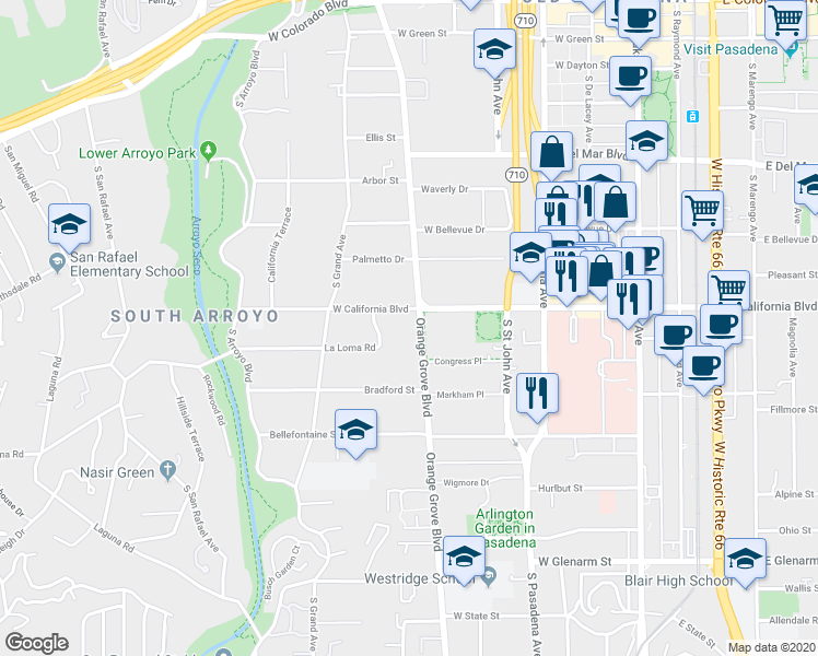 map of restaurants, bars, coffee shops, grocery stores, and more near 601 South Orange Grove Boulevard in Pasadena
